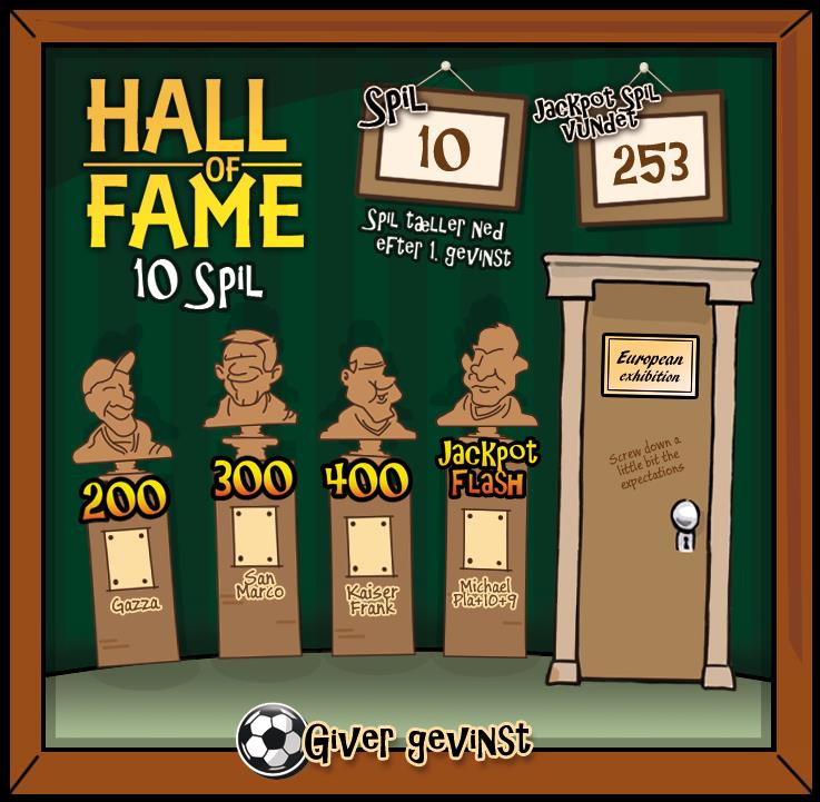 HALL OF FAME Hall of Fame vindes via Super Flash. 10 træk hvor Fodbold symbol på hjul 3 giver gevinst. Lykkespil tæller ned efter første gevinst.