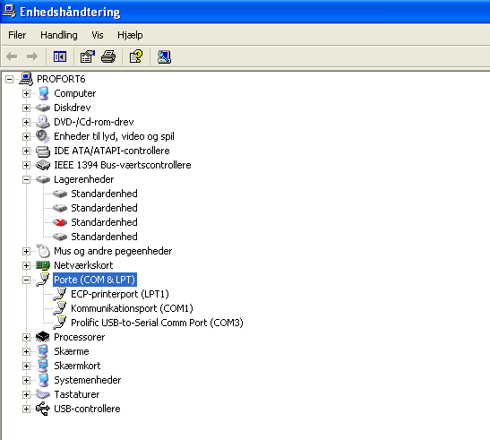 Klargøring af pc en Find nummeret på den valgte COM-port (her gennemgået vha. Windows XP): 1. Vælg menuen Start på din pc 2. Vælg Kontrolpanel > System 3. Vælg fanen Hardware > Enhedshåndtering 4.