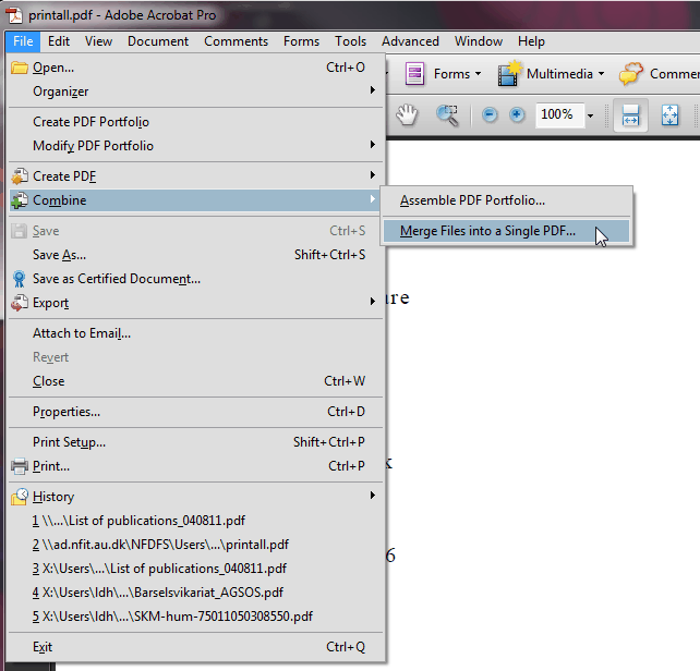 Samling af PDF-filer Man skal bruge Adobe Acrobat Pro til at samle flere PDF-filer til én. 1.