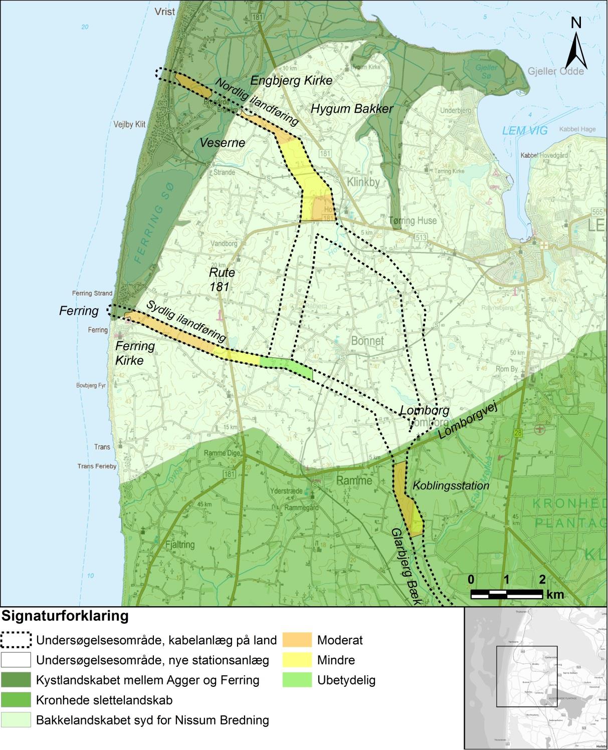 Figur 23-5. Den landskabelige påvirkning fra anlæg af to nye kabelstationer ved henholdsvis den nordlige og sydlige ilandføring samt en koblingsstation mellem Ramme og Lomborg.