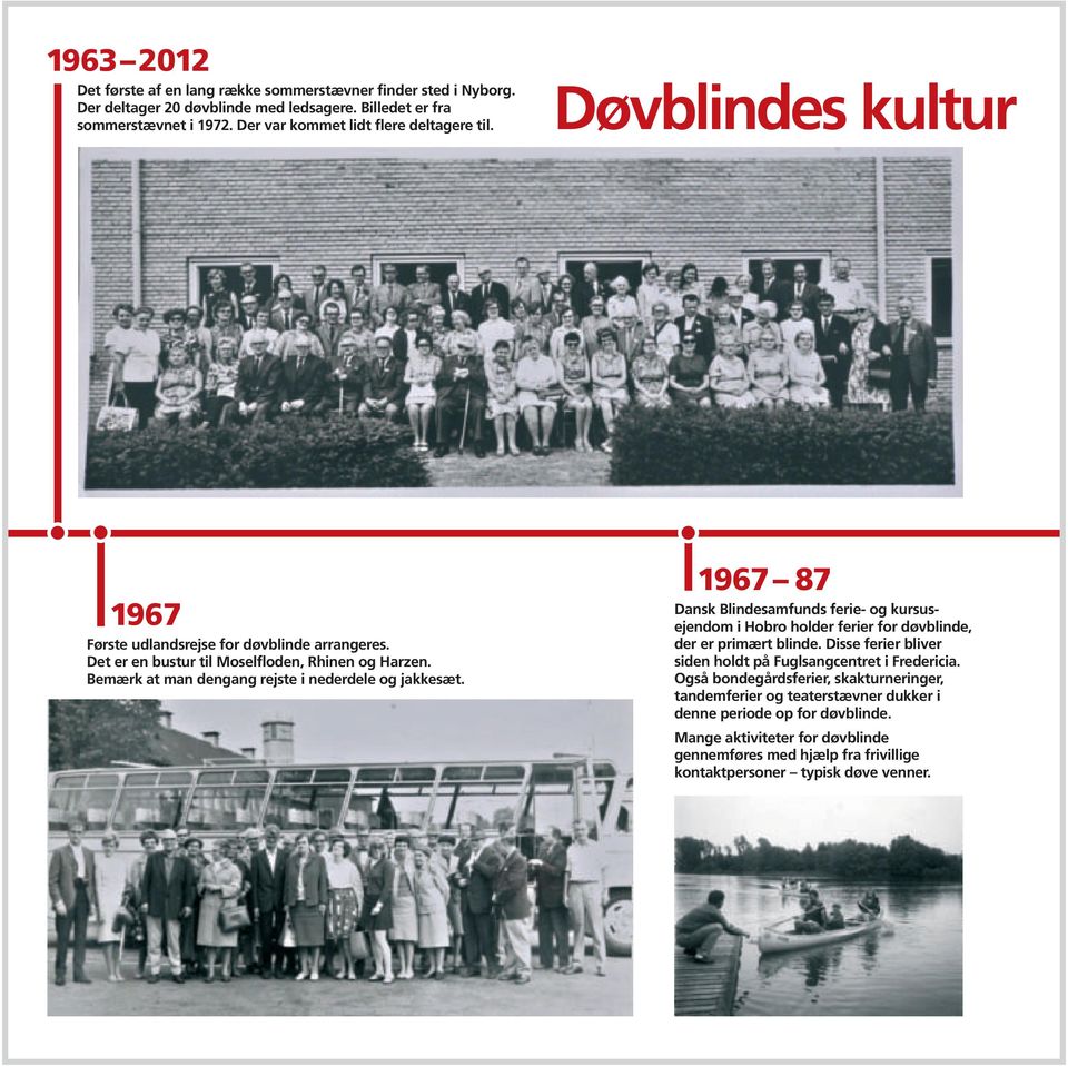 Bemærk at man dengang rejste i nederdele og jakkesæt. 1967 87 Dansk Blindesamfunds ferie- og kursusejendom i Hobro holder ferier for døvblinde, der er primært blinde.