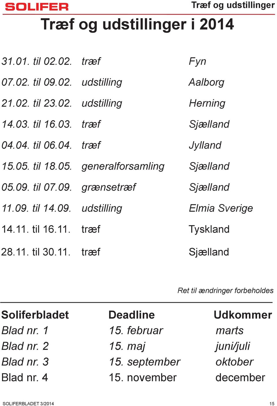 09. udstilling Elmia Sverige 14.11. til 16.11. træf Tyskland 28.11. til 30.11. træf Sjælland Ret til ændringer forbeholdes Soliferbladet Deadline Udkommer Blad nr.