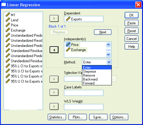 Modelsøgnng SPSS I Lnear Regresson kan man menuen Method bl.a. vælge mellem Enter (Uden søgnng) Backward Independent(s) ndeholder varable, der skal ndgå model-søgnngen.