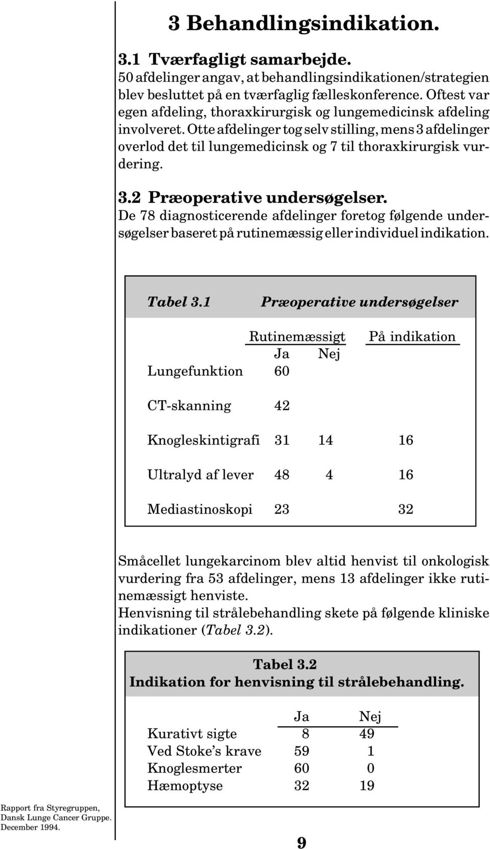 3.2 Præoperative undersøgelser. De 78 diagnosticerende afdelinger foretog følgende undersøgelser baseret på rutinemæssig eller individuel indikation. Tabel 3.