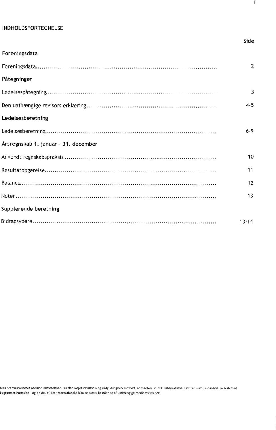10 11 12 13 Supplerende beretning Bidragsydere. 13-14 BDOStatsautoriseret revisionsaktieselskab, en danskejet revisions- og rådgivningsvirksomhed.