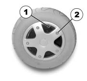 Afmontering Klods kørestolen op (læg en træklods under rammen). Skru ventilhætten af. Luk luften ud af dækket ved at trykke på fjederstiften i ventilen (1). Skru de 5 underforsænkede skuer (2) ud.