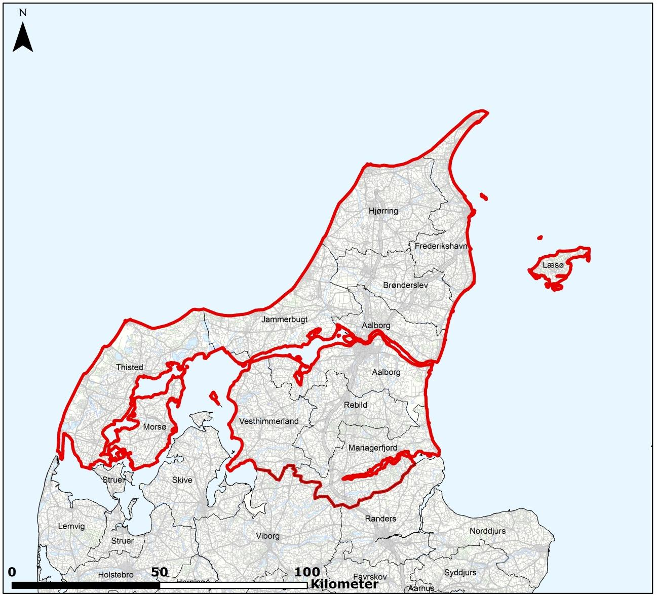 Figur 1-1 Oversigtkort over Region Nordjylland med kommunegrænser.