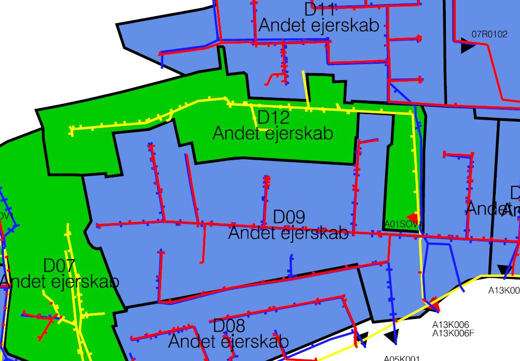 Separering Dalby, Karisevej, Opland D12: Oplandet udgøres af ca. 45 ejendomme. Der foreslås etableret ny spildevandsledning, mens fællesledningen efter renovering og evt.