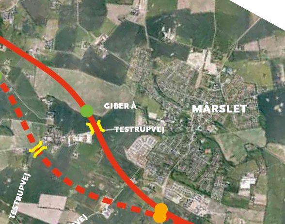 Obstrup Obstrupvej Forbindelsesvej Fuldt optrukne røde linje: Hovedforslag til