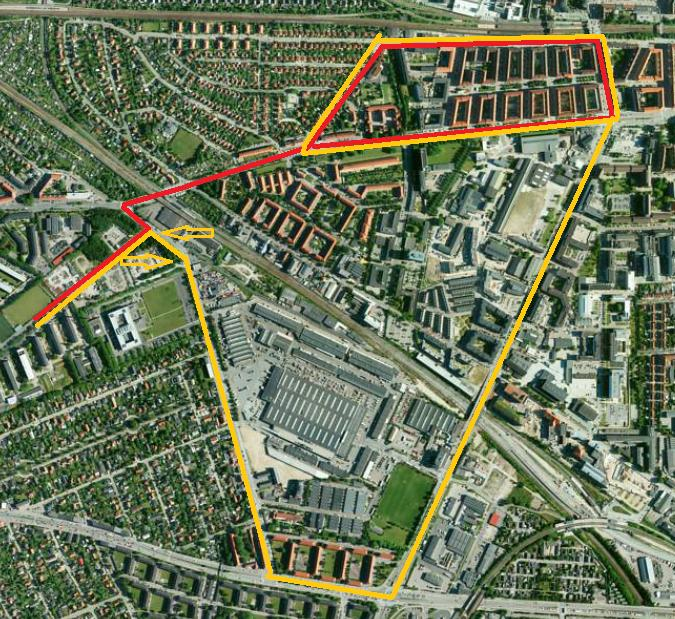 Figur 9 Rute for bus 132 og 133 i det berørte område. Rød rute er den nuværende, mens orange er den foreslåede omlægning, når der er spærret ved bro- eller tunnelstedet.