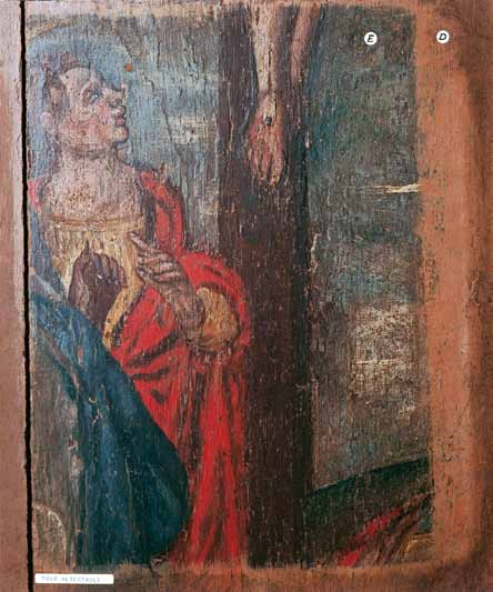navr kirke 2421 Fig. 25. Detalje af Korsfæstelsesscene, antagelig med Johannes Evangelisten eller Marie Magdalene, vist i maleri, 1700-tallets begyndelse, i altertavlens storfelt (s. 2422).