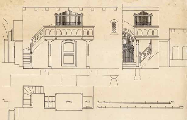 navr kirke 2433 Fig. 38. Plan, snit og detaljer af orgelpulpitur og -facade (s. 2433). 1: 100. Tegning af Hans Arentoft 1917. I kirkens arkiv.