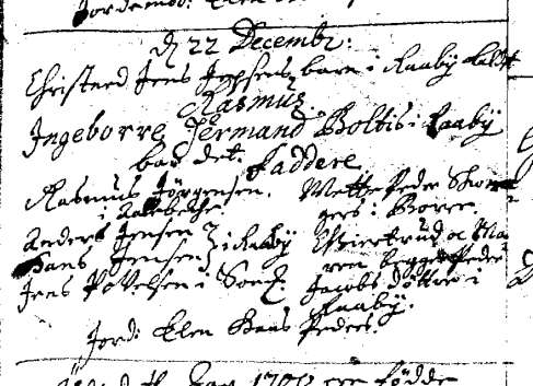 (1) Kirkebøger for Borre sogn: 1700, 22.dec. døbt Jens Jepsens søn i Raaby Rasmus. Ingeborre Hermand Boltis af Raaby bar.