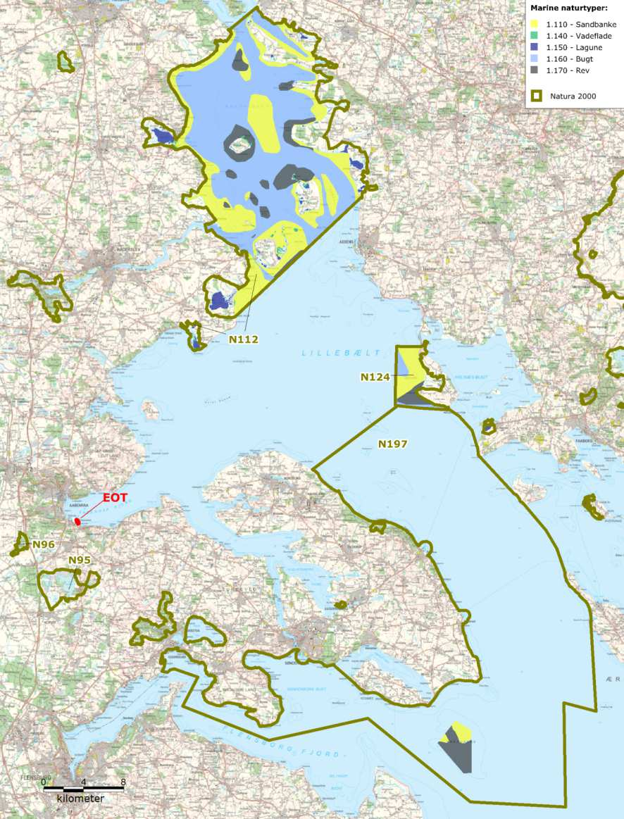 Figur 6-8 Natura 2000-områder og marine naturtyper omkring olieterminalen. Natura 2000-område N95, Hostrup Sø, Assenholm Mose og Felsted Vestermark Natura 2000-område N95 ligger ca.