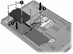 Sådan monteres den sekundære harddisk: 1. Sæt harddisken ind i harddiskholderen (1). 2. Spænd de fire skruer på dækslet til harddisken (2). 3.