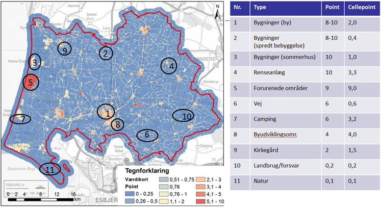 FORUDSÆTNING Figur 9: Pointfordeling i Varde Kommune (Niras, 2014 a). Figur 8 viser, at over 60 % af kommunen har 0,2 point eller derunder. Byer, som optræder med cellepoint omkring ca.