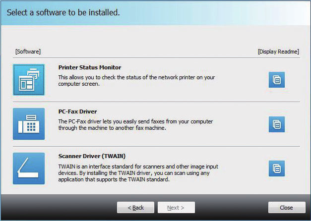 Windows/vis skærmen til "valg af software" (almindelig procedure) Installation af Windows/hjælpeværktøjer Installér scannerdriveren TRIN 1-8/10 Installér scannerdriveren 1.