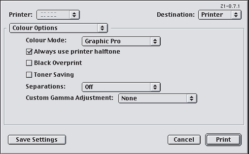 MAC OS 9 / CLASSIC Hvis du anvender et RGB-kildedokument kan du simulere outputtet fra en anden printer ved at foretage følgende valg i printerdriveren: 1. Vælg [File (Arkiv)] [Print (Udskriv)]. 2.