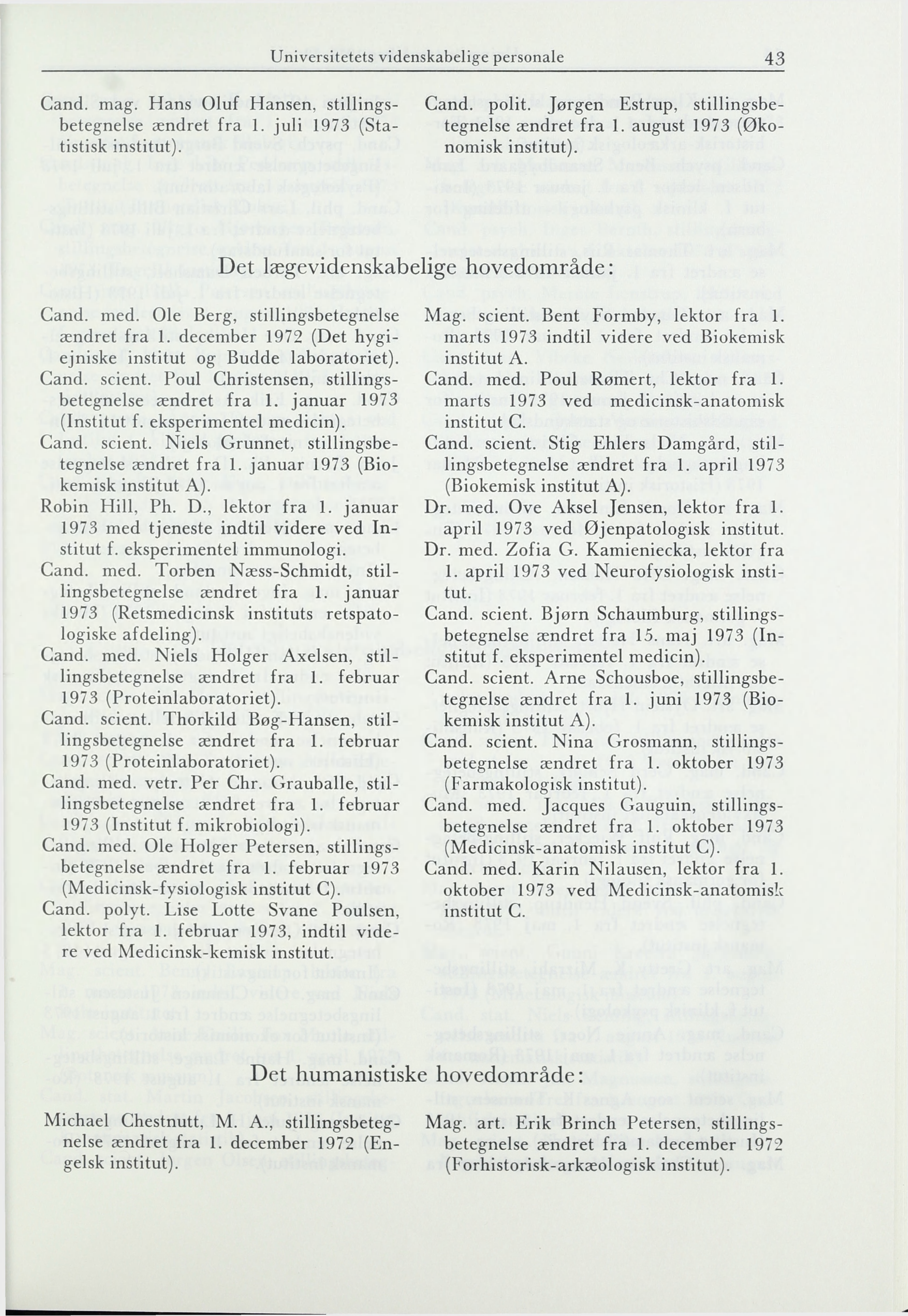 Universitetets videnskabelige personale 43 Cand. mag. Hans Oluf Hansen, stillingsbetegnelse ændret fra 1. juli 1973 (Statistisk Cand. polit. Jørgen Estrup, stillingsbetegnelse ændret fra 1.