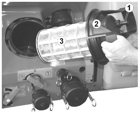 Anvendelse af maskinen 10.5.3 Rengøring af sugefilter ved tom beholder Rengør sugefilteret (Fig. 121) dagligt efter rengøringen af marksprøjten. 1. Løsn sugefilterets dæksel (Fig. 121/2). 2.