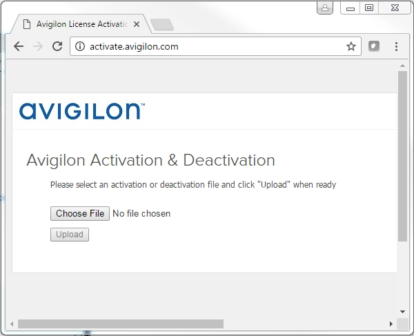 Figur 3: Den Avigilon licens aktivisering webside e. Browse til placeringen af din fil, aktivering og klik derefter uploade. Aktiveret licensfil skal hente automatisk.