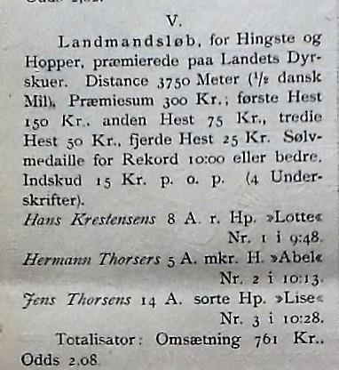 september 1889, hvor man efter pause siden 1887 kørte landmandsløb igen. Lotte og Hans Krestensen på Lyngbyvejen Hun var næsten 10 minutter ude på den halve mil, omregnet til kilometertid 2.