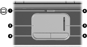 2 Komponenter Komponenter foroven TouchPad Komponent (1) Lysdiode for TouchPad Hvid: TouchPad er aktiveret. Gul: TouchPad er deaktiveret.