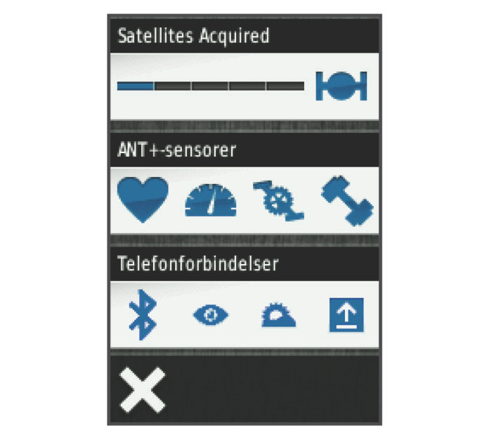Vælg for at søge efter navn. Vælg for at slette et emne. Visning af forbindelsessiden Forbindelsessiden viser status for satellitsignaler, ANT+ sensorer og din smartphone.