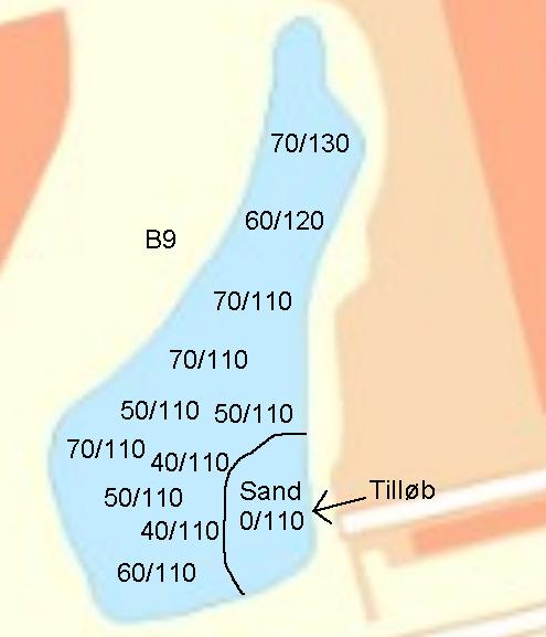 Figur 2: Værebro Sø med forventede sedimentdybder. Første tal angiver afstanden fra vandoverfladen til den bløde bund.