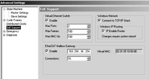7 Drift af MOVITOOLS MotionStudio via EtherCAT Kommunikation via EtherCAT 7.4.2 Konfiguration af mailboks-gateway i EtherCAT -master Aktivér VoE/EoE-supporten i EtherCAT -styringen.