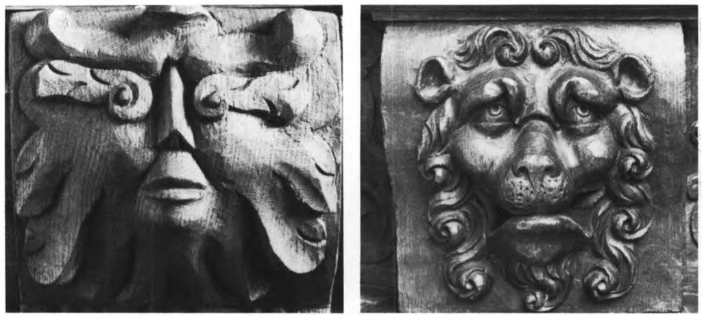 968 LØVE HERRED Fig. 9a-c. a. Altertavledetalje. Maske på bøjle under en af storstykkets søjler, sml. fig. 8 (s. 967). b-c. Prædikestolsdetaljer. b. Løvemaske på postamentet. c.