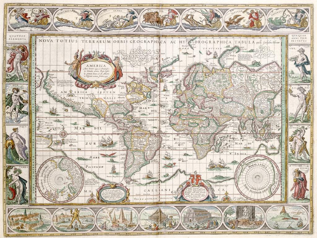 Fig. 1 Nederst i rammen om Willem Janszoons verdenskort fra 1606