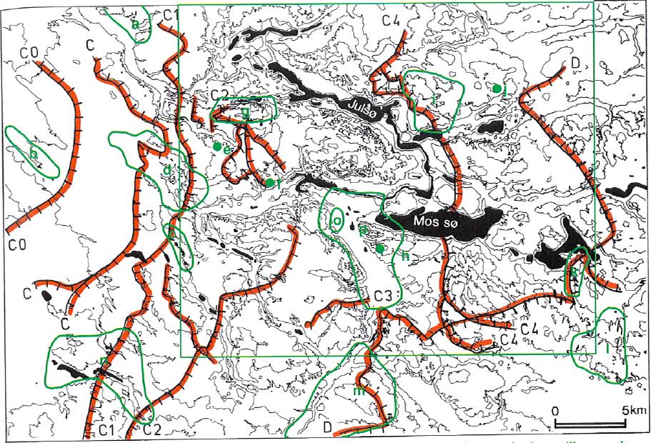 Figur 4.4.4. Figuren viser israndslinier i Søhøjlandet. Linierne C1-C4 er israndspositioner under isens tilbagesmeltning fra Hovedopholdslinien, mens D er den Østjyske Israndslinie /19/.