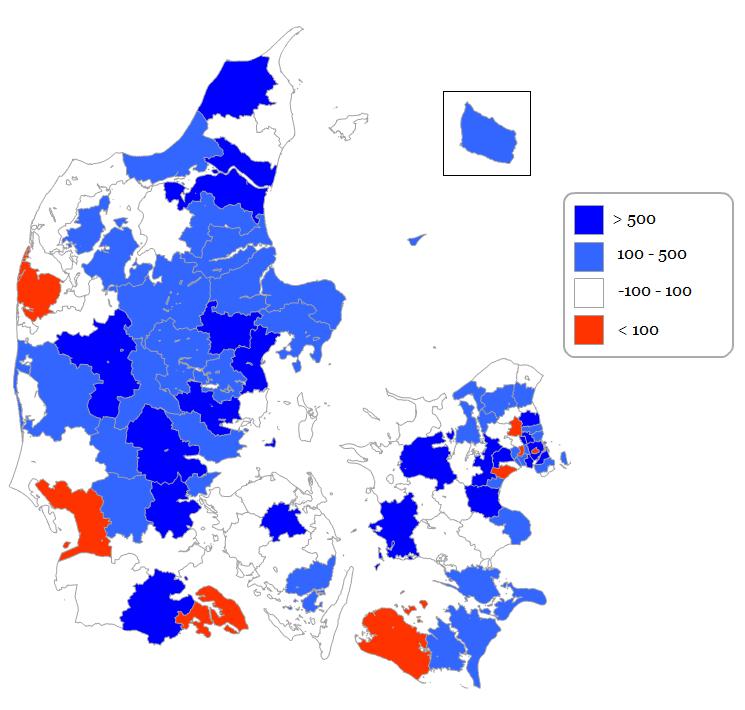 Figur 3 Beskæftigelsen stiger i stort set alle kommuner Kilde: Danmarks Statistik og egne beregninger. Ændring i fuldtidslønmodtagerbeskæftigelse 4. kvt.