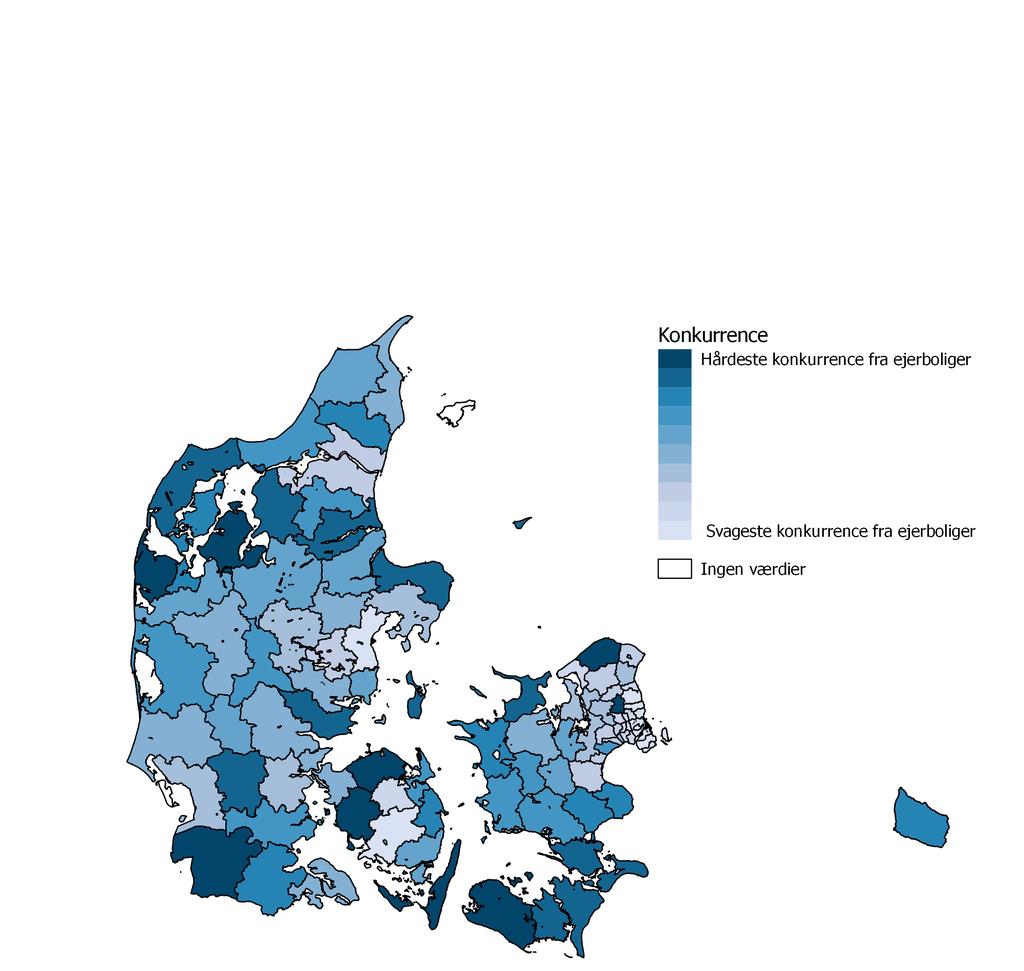 Figuren tydeliggør, at det ikke overraskende er i de største danske byer, at den almene sektors konkurrenceevne er bedst.