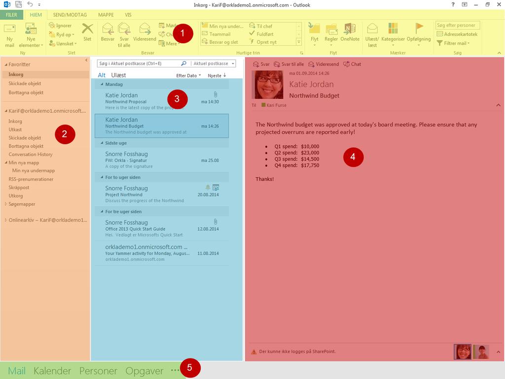 1. Kom i gang Start Outlook på følgende måde: Klik på Start-knappen Skriv Outlook Klik på Microsoft Outlook Hovedvinduet i Outlook ser således ud: 1. Båndet og Filer Båndet er delt ind i faner.