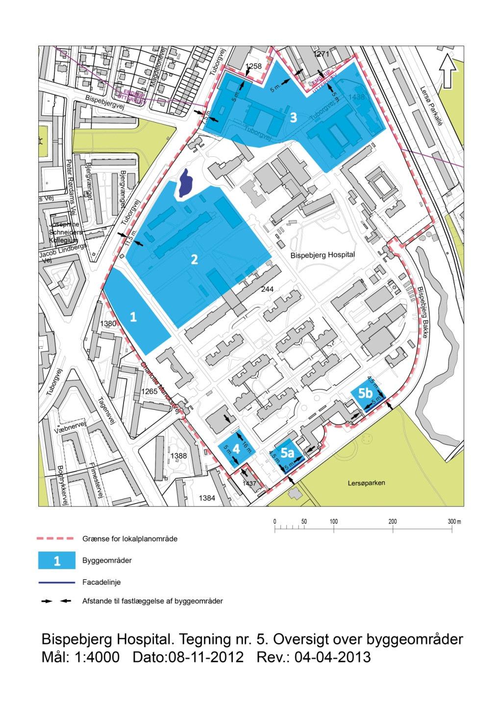 Figur 3.3: Byggeområder ved udbygningen af hospitalet. Kort fra lokalplanen.