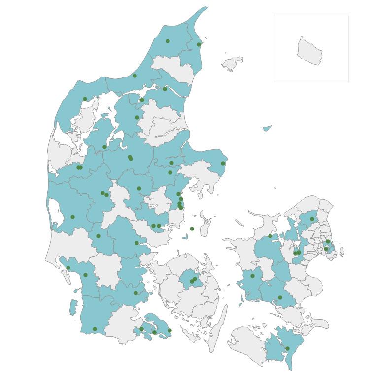 Kort 7 Placering af institutioner med skolehjem i dag Kilde: Danske Regioner på baggrund af data fra Undervisningsministeriet, 2017 METODE BAG ANALYSEN AF DEN DEMOGRAFISKE UDVIKLING FOR 16-19 ÅRIGE