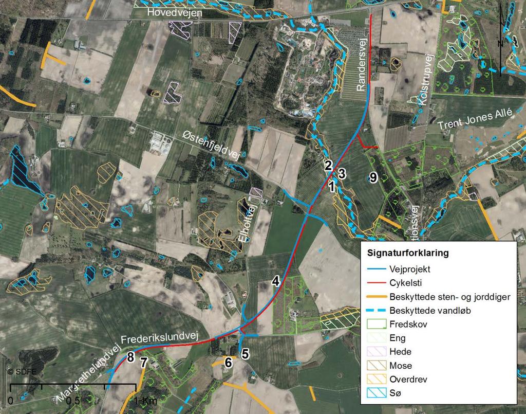 Bilagsrapport til Miljøredegørelse 16 2. NATUR Projektet omfatter etablering af en omfartsvej vest om Nimtofte, fra Frederikslundvej vest for Nimtofte til Randersvej nord for Nimtofte.