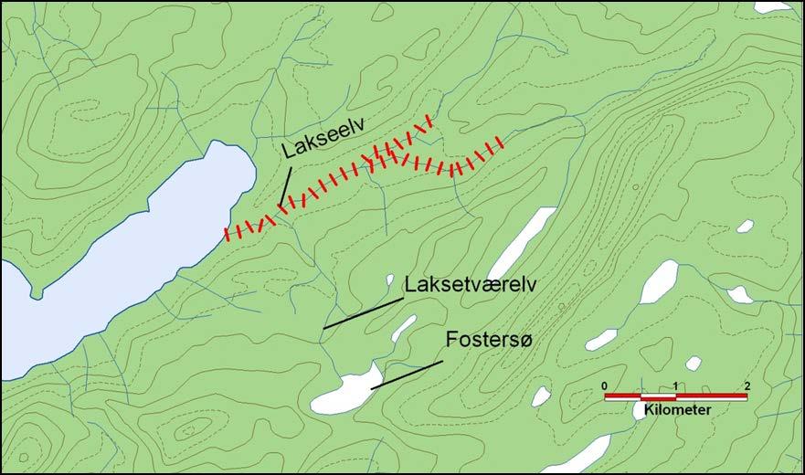 vandføringen i Laksetværelv ofte stopper om vinteren, hvilket forhindrer etableringen af en permanent bestand. Der blev ikke fundet fisk i Fostersø eller Månesø. Figur 6.