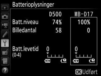 A Multifunktionsbatterigrebet MB-D17 Displayet til MB-D17 er vist til højre. Ved genopladelige EN-EL18a-/EN-EL18-batterier viser displayet, om kalibrering er påkrævet.