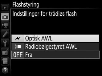 Indstillinger for trådløs flash Justér indstillingerne for samtidig trådløs styring af flere fjernbetjente flashenheder.