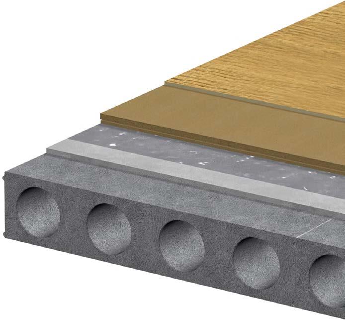 Konstruksjonseksempler Trinlydisolerende underlag til parket- og laminatgulv Porøs træfiberplade, der kan anvendes på træbjælkelag eller