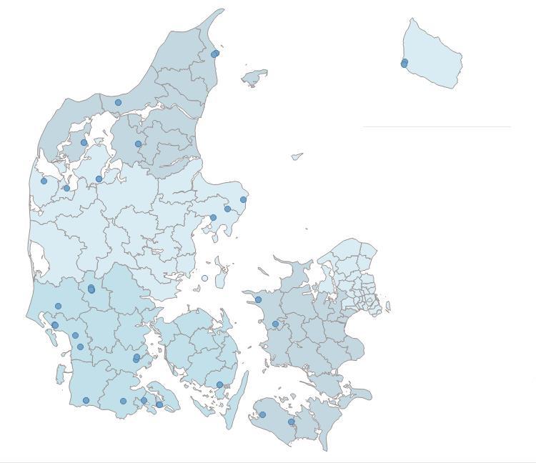 Erhvervsskoler placeret i kommuner, hvor antallet af unge falder med mere end 5 pct. frem mod 2020 Kilde: Danske Regioner på baggrund af tal fra Danmarks Statistik, 2017.