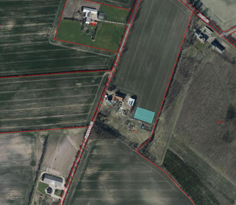 Situationsplan luftfoto med skel. Ca placering af hal (blå) Ejendomsoplysninger mv: Ejendommen er i BBR/ESR registreret som en landbrugsejendom med et grundareal på 171438 m 2.