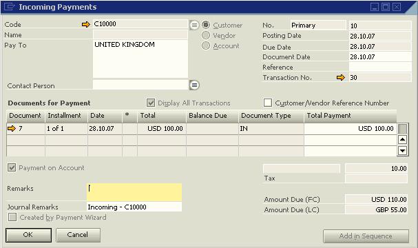 Under opgradering til SAP Business One 2007 A: Systemet identificerer, at både indgående betaling nr. 12 og udgående faktura nr. 7 er relateret til indgående betaling nr.