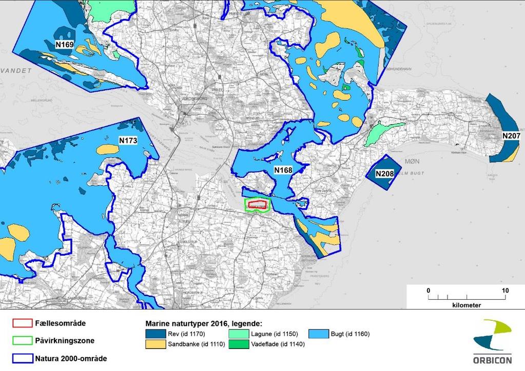 Figur 22-1. Kort over fællesområdet og nærliggende Natura 2000 områder med marine naturtyper. De to øvrige Natura 2000-områder, nr.
