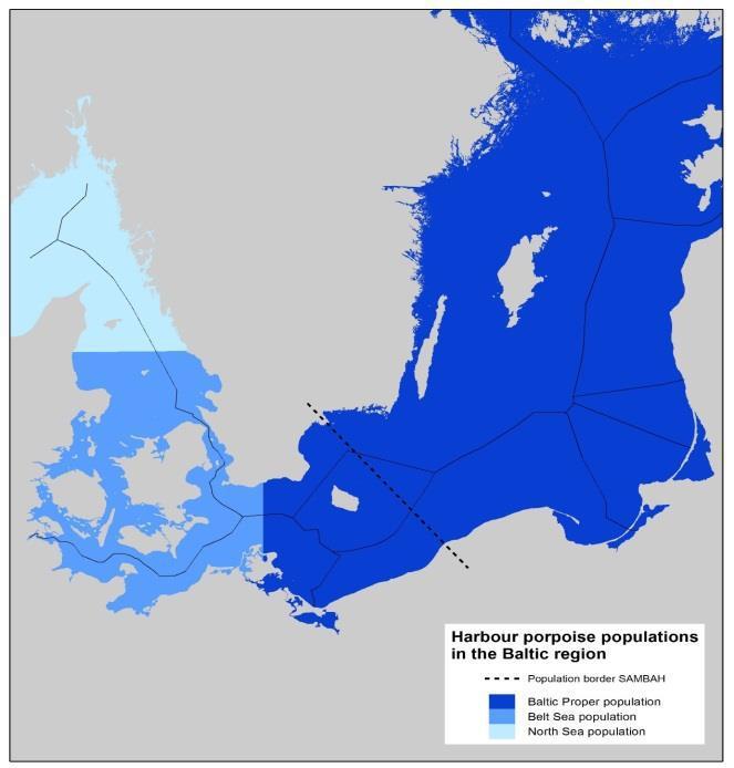 Figur 12-1 Der er identificeret tre populationer af marsvin i Østersøen med en adskillelseslinje i det nordlige Kattegat lyseblåt område (LAT~57 o N), og en adskillelseslinje i den sydvestlige