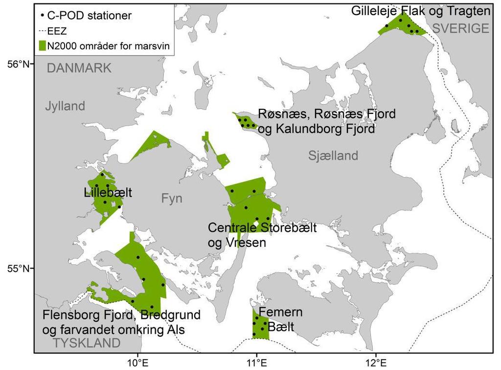 farvande har en fast årlig rytme, for hvilke områder de benytter på bestemte årstider (Hansen, 2015). Figur 12-4: Placeringen af akustiske dataloggere (C-PODs) i seks Natura 2000-områder.