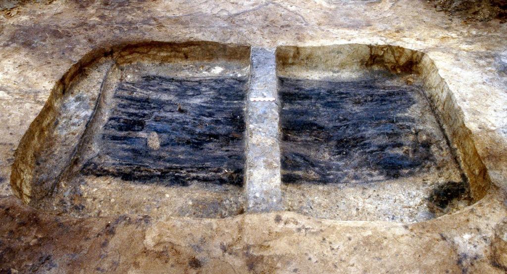 Figur 4. Grav 43 med kistespor, set fra syd. Midt i graven er ved udgravningen bevaret en smal profilbalk. Målestokken er 10 cm lang. Foto: Jens Jørgen Kærgaard.